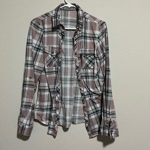 Maurice’s flannel. Light pink/purple, black and white.
